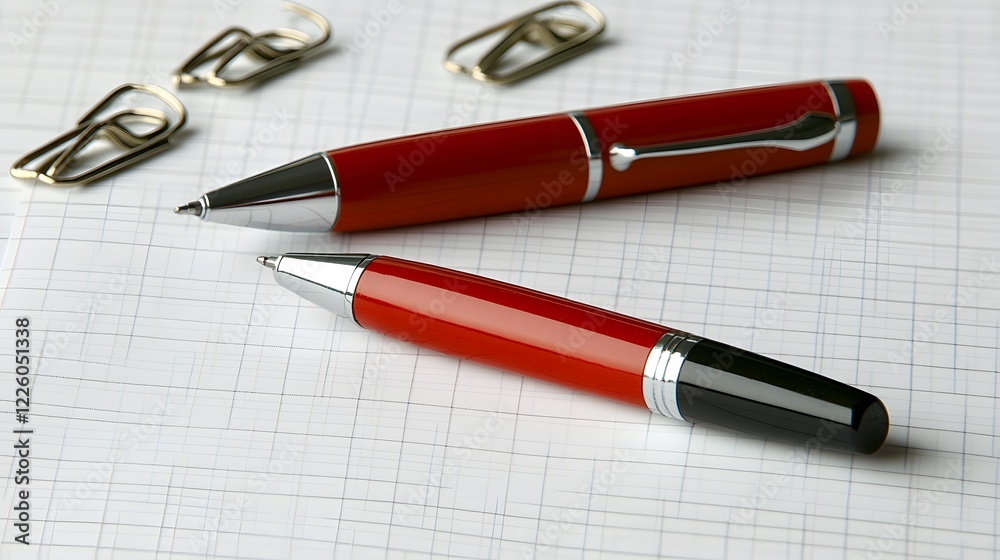 Two Red Pens on Grid Paper Notebook Stationery Two Red Pens on Grid Paper Notebook Stationery