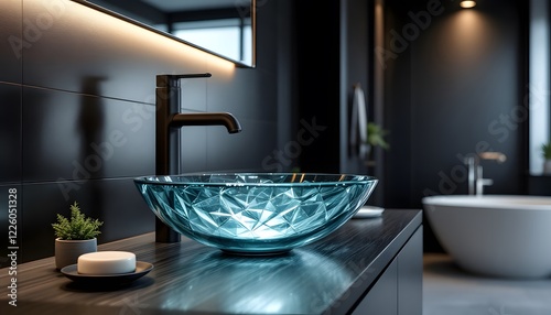 Hyper-realistic 8K image of a luxurious glass washbasin in a modern master bathroom. The basin has a striking translucent glass design, paired with a contemporary matte black faucet. The bas photo