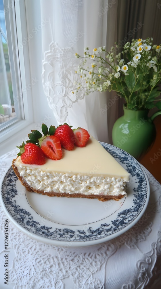 Delicious Strawberry Cheesecake Slice on Plate Delicious Strawberry Cheesecake Slice on Plate