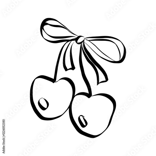 Cherries with ribbon and bow in hand drawn coquette style. Vintage element in simple crayon and sketch style. Trendy art symbol for Valentine day and wedding invitations. Doodle vector illustration