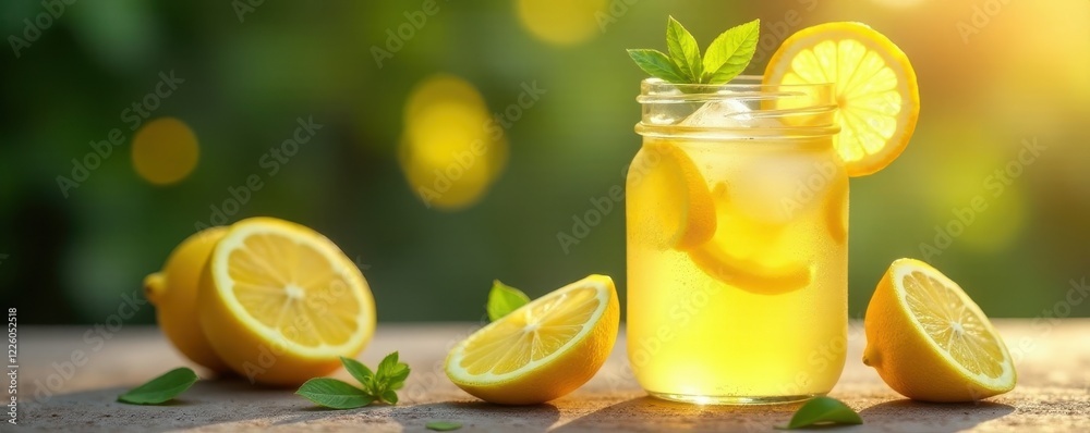 Fototapeta premium Golden lemonade, ice, lemon slices in mason jar, juicy, homemade