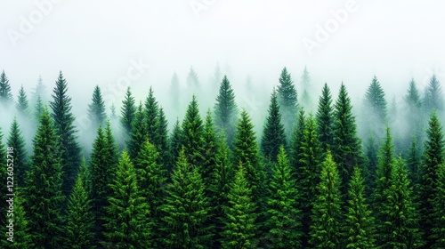 Lush Evergreen Forest Surrounded by Misty Fog in Serene Nature Scene