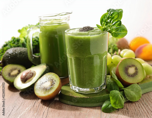 Two glasses of vibrant green smoothie are surrounded by fresh ingredients including kiwi, avocado, spinach leaves, and citrus fruits on a wooden surface. photo