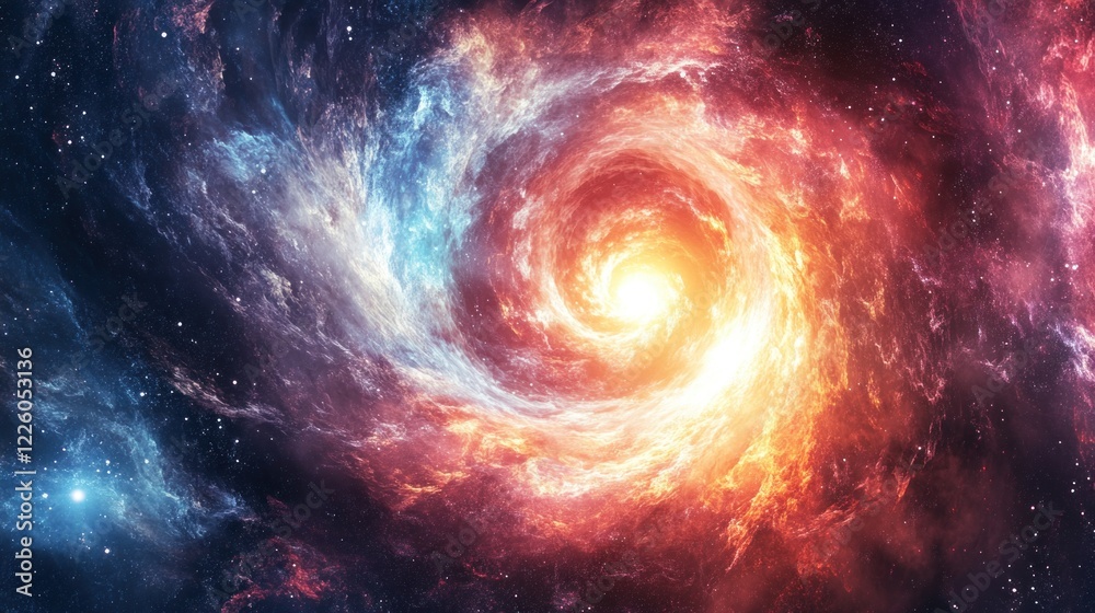 A swirling cosmic nebula with vibrant colors and a central bright light source A swirling cosmic nebula with vibrant colors and a central bright light source