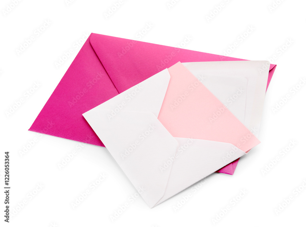Paper envelopes with blank card on white background Paper envelopes with blank card on white background