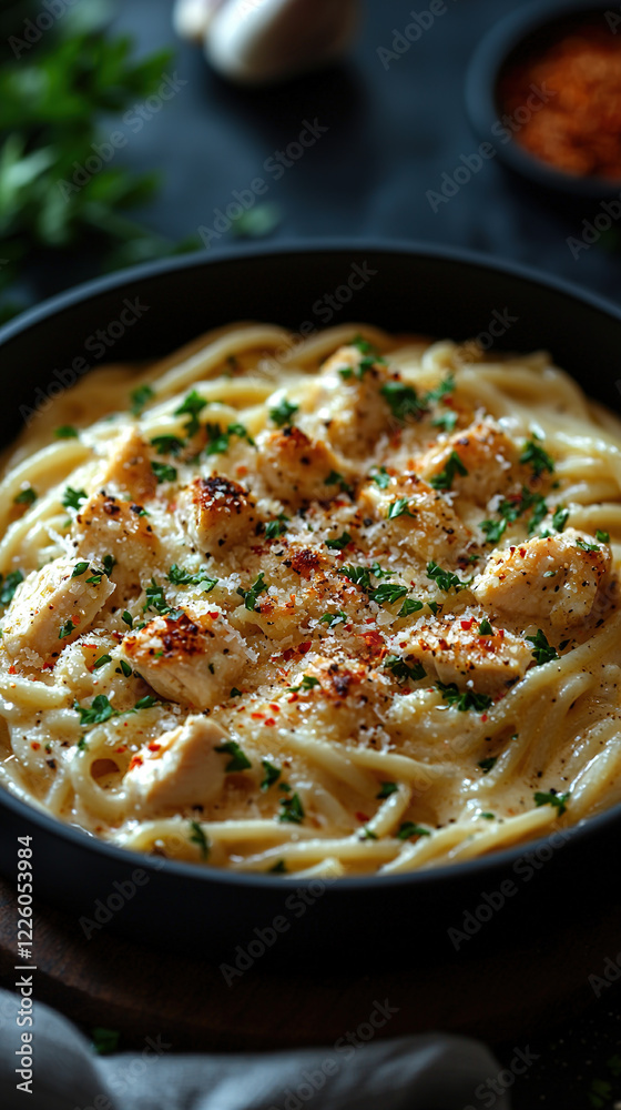 Creamy chicken Alfredo pasta with parmesan cheese and parsley, soft light in minimalist food photography
Creamy chicken Alfredo pasta with parmesan cheese and parsley, soft light in minimalist food photography
