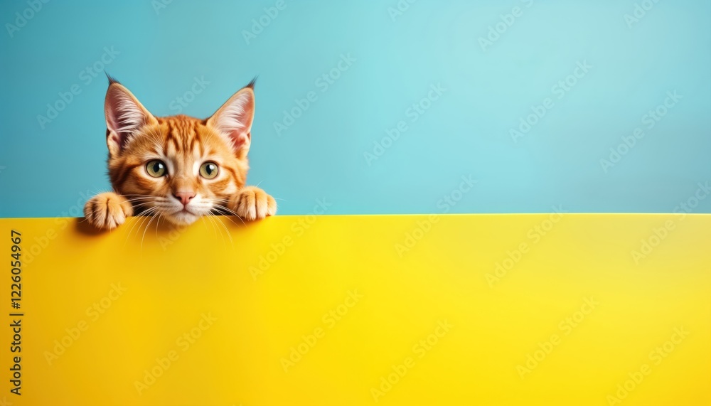 Obraz premium Cute ginger kitten peers over bright yellow sign. Playful cat curious, looks inquisitive. Image shows contrast of colours, cat attention. Indoor studio shot. Good for pet products social media.
