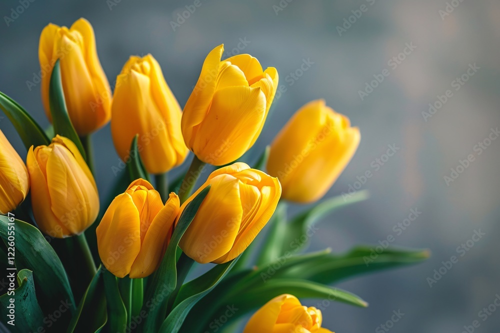 Fototapeta premium Yellow tulips bloom against a backdrop of grey