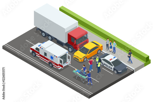 Car crash. Isometric vector scene of a road accident involving a truck, car, police, and ambulance. Paramedics assist an injured person while police document the accident.