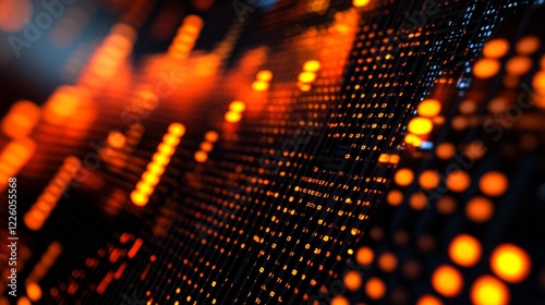 close-up of bright orange data points on a black background, which may be an equalization for music or a stock market chart. Idea for the digital display of audio and financial focus