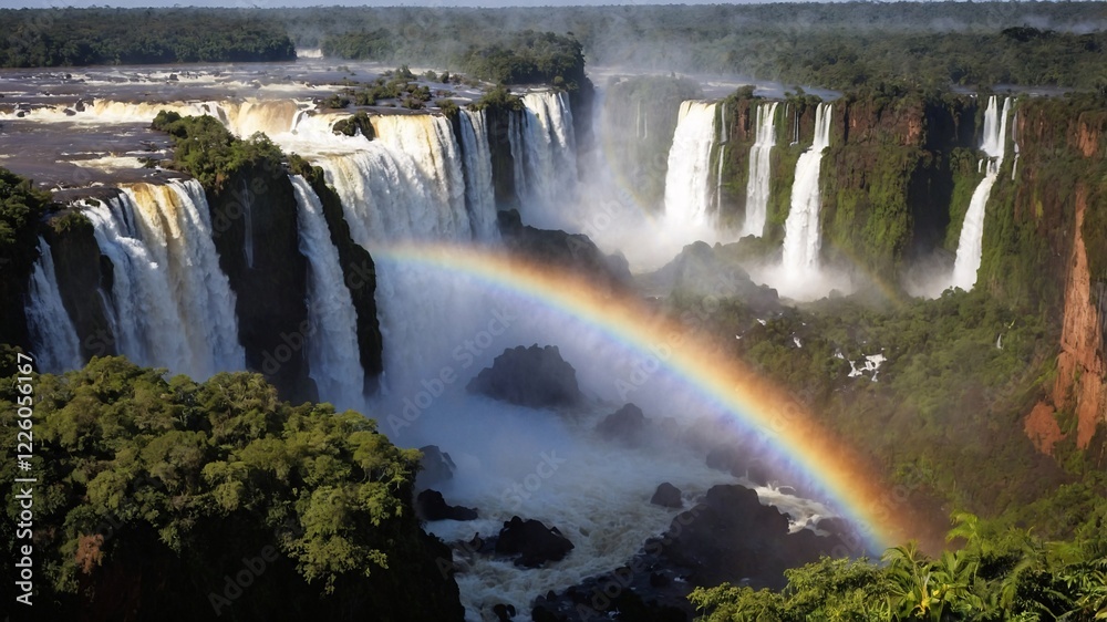 Fototapeta premium Stunning view of Iguazu Falls with a vibrant rainbow arching above the cascading water amidst lush green surroundings in the heart of South America