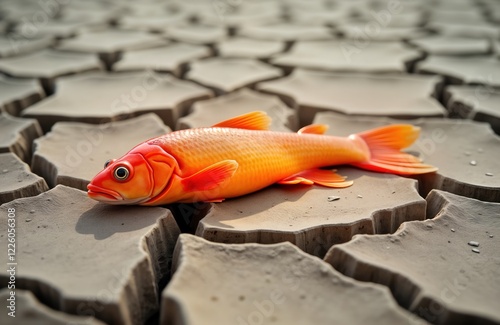 Orange fish lies lifeless on cracked dry earth. Dry cracked ground severe drought. Environmental issues like drought, climate change highlighted. Fish aquatic life vulnerable to water shortage. photo