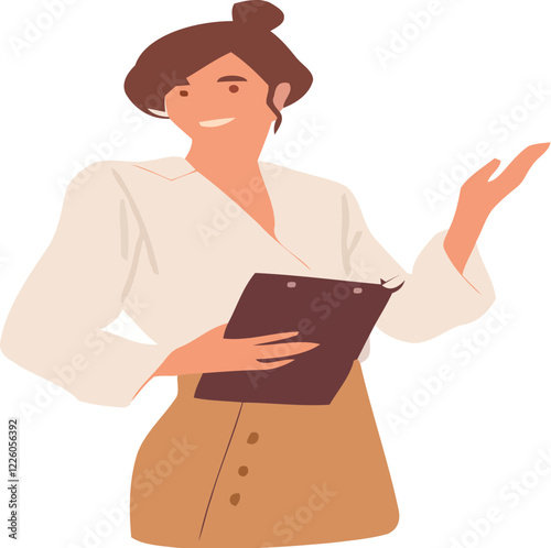 Confident Woman Presenting with Clipboard