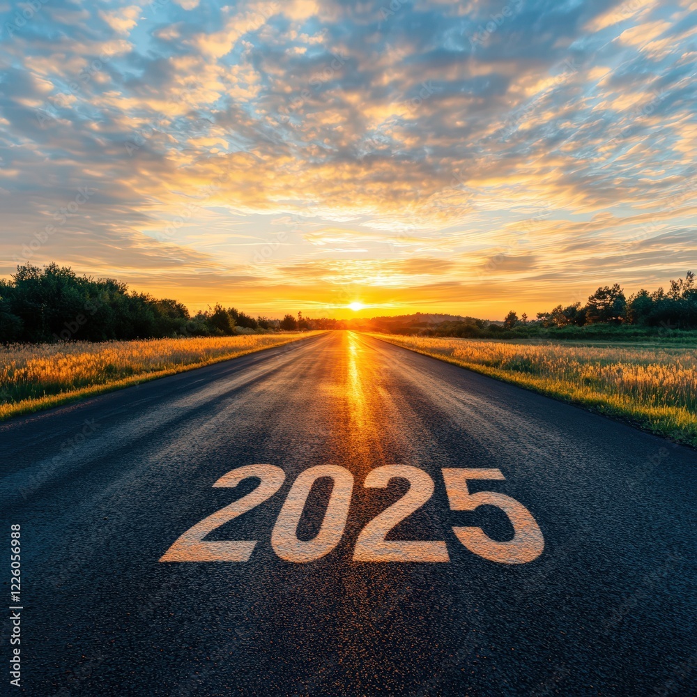 © Bart - Golden sunlight illuminates a road with the year 2025 marked on it, symbolizing hope, the journey ahead, and new beginnings. © Bart - Golden sunlight illuminates a road with the year 2025 marked on it, symbolizing hope, the journey ahead, and new beginnings.