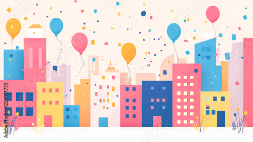 Colorful cityscape with floating balloons and confetti. Vibrant urban celebration concept. Festive atmosphere in modern city. Bright colors and lively buildings evoke joy and excitement