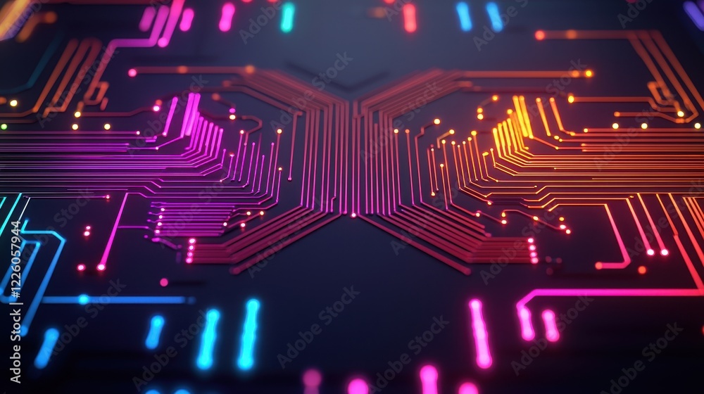 Fototapeta premium Abstract Circuit Board Design with Colorful Lights and Patterns