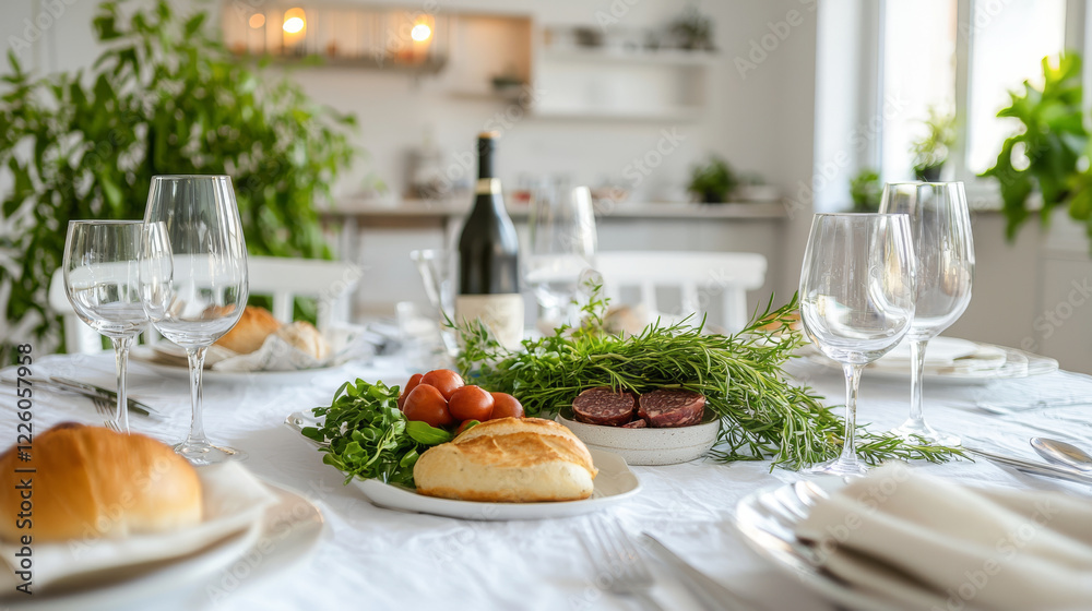 Fototapeta premium Elegant Purim Festive Table Setting with Decorated Meal and Fresh Greenery. Concept of Celebration, Family Gathering, Traditional Cuisine, and Cultural Festivities