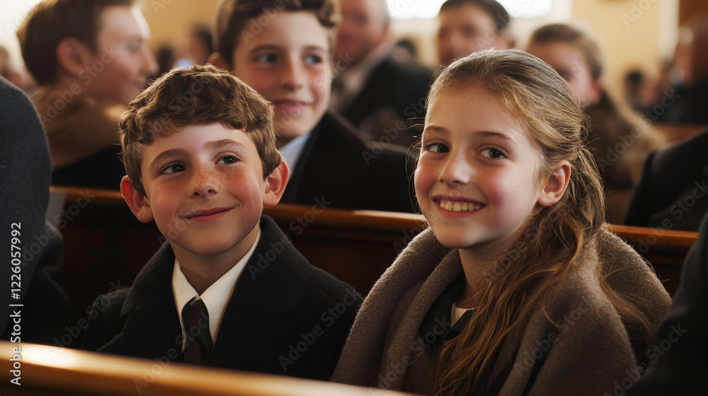 Obraz premium Jewish children celebrating Purim at synagogue with happy smiles. Young girl and boy enjoying festive atmosphere. Concept of cultural traditions, family gatherings, religious celebrations, joyful 