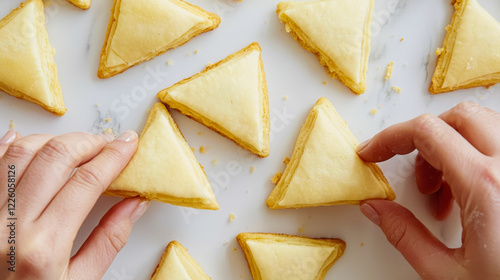 Hands crafting homemade hamantaschen for Purim celebration. Skilled baking technique, Jewish holiday preparation, festive culinary traditions, and delicious filled pastries as cultural symbols photo