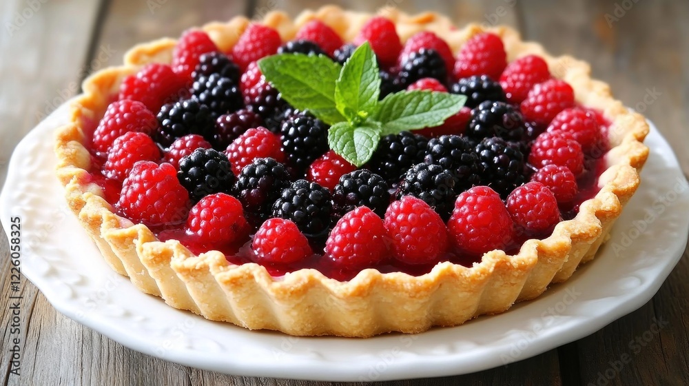 Fresh berry tart on white plate, rustic wooden table background Fresh berry tart on white plate, rustic wooden table background