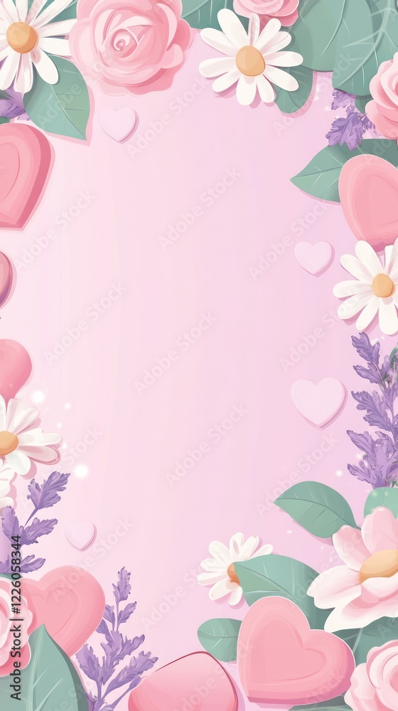 Pink floral Valentine's frame; pastel background Pink floral Valentine's frame; pastel background