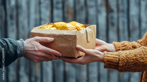 Hands exchanging food donation box with yellow items. Concept of charity, giving and receiving, helping hands, community support for Purim celebrations