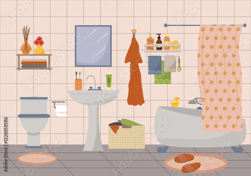 Bathroom. Sink and toilet. Bath with shower and curtain. Mirror, laundry basket, rug and slippers. Towel, robe and personal hygiene kit. Vector illustration