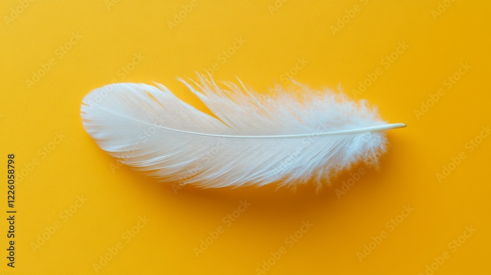 Fototapeta premium Single white feather rests on a yellow background