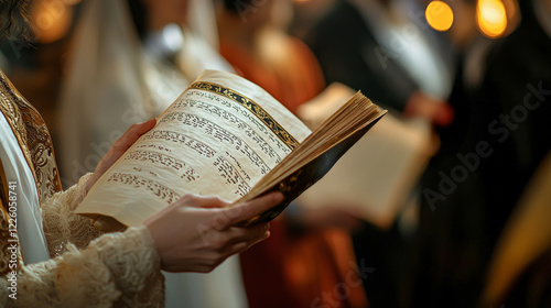 Jewish woman reading the Megillah during Purim celebration with vibrant cultural background. Concept of tradition, religious ceremony, Jewish heritage, festive atmosphere photo