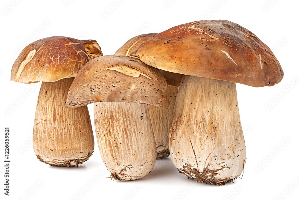 Four porcini mushrooms grouped together against a white backdrop Four porcini mushrooms grouped together against a white backdrop
