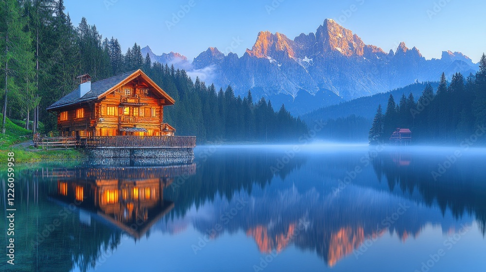 Fototapeta premium Serene Mountain Lake House at Dawn
