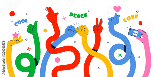 Cute colored long stretched hands holding different items, gesturing funky non-verbal signs