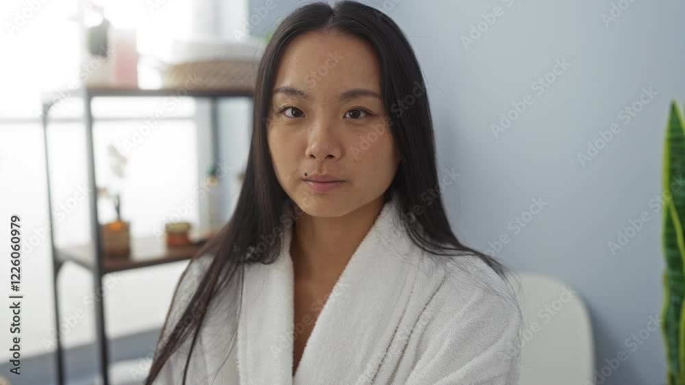 Young woman enjoying relaxation in a wellness spa, wearing a white robe in a serene beauty center setting, reflecting happiness and tranquility during her spa day indoors. Young woman enjoying relaxation in a wellness spa, wearing a white robe in a serene beauty center setting, reflecting happiness and tranquility during her spa day indoors.