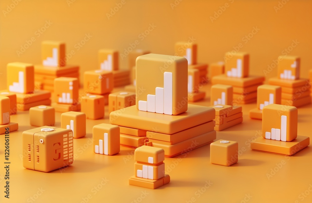 Obraz premium Abstract graphic design with orange cubes. Colorful geometric shapes symbolize data growth, digital trends. Modern tech design concept. Picture represents social media analytics. Array of cubes