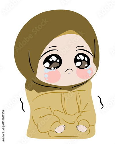 Cartoon Girl in Hijab Feeling Cold and Sad