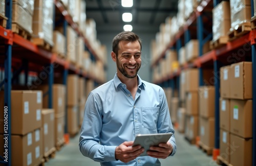 Happy warehouse worker checks supplies on tablet. Smiling man in light blue shirt looks optimistic standing amidst stacked boxes. Works in large hardware store. Worker possibly supervisor, overseeing photo