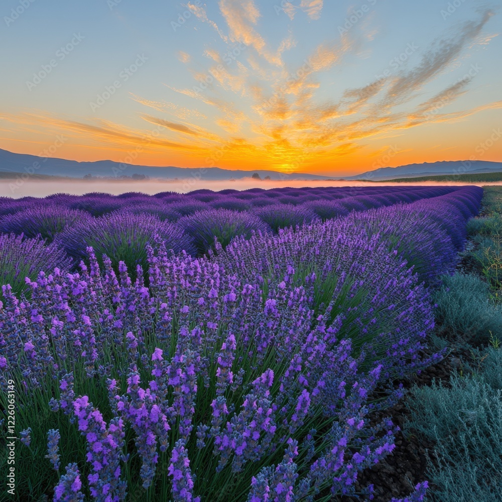 Fototapeta premium Captivating Lavender Field at Sunrise with Vibrant Purple Blooms and Serene Morning Sky in Provence French Countryside Perfect for Nature Landscape Photography
