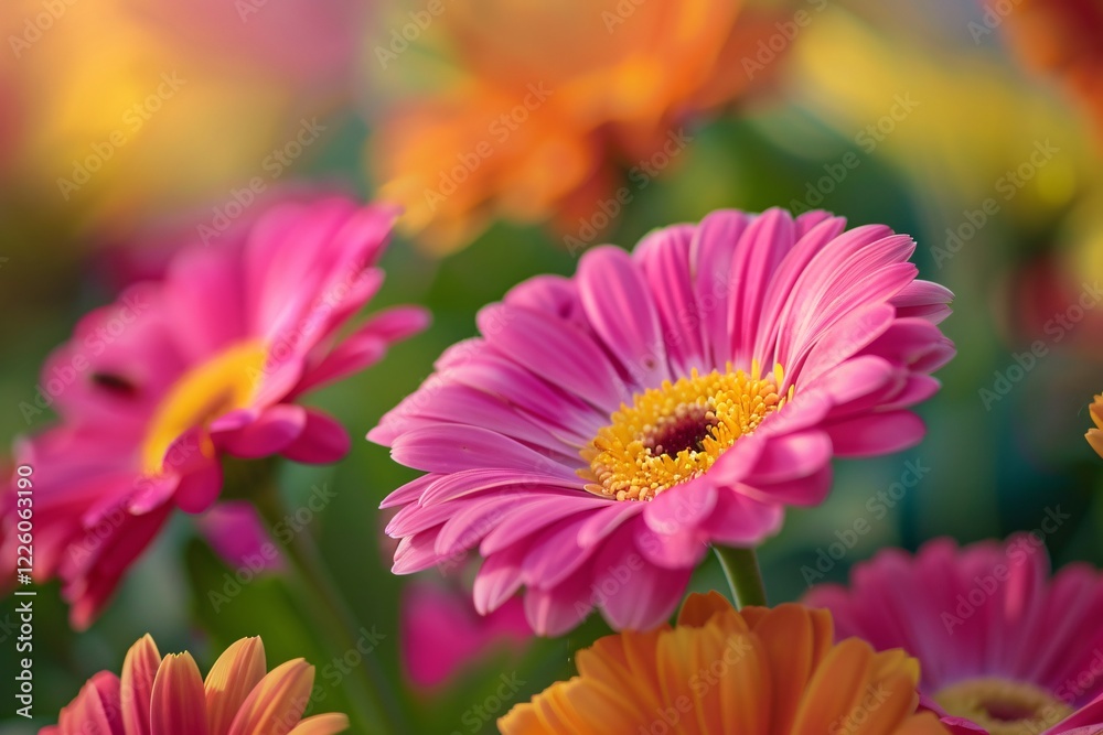 Pink gerbera daisy blooming in a garden of colorful flowers Pink gerbera daisy blooming in a garden of colorful flowers