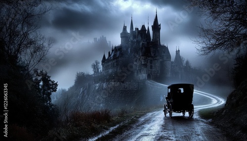 A gothic adventure unfolds as a hansom carriage nears a vampire's lair.