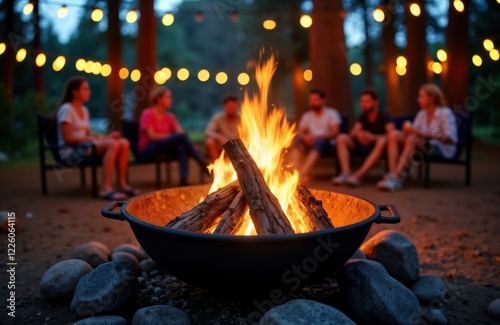 Friends gather around warm bonfire at evening campsite. Cast iron fire pit with bright burning wood, flames. Outdoor camping scene with people enjoying summer night. Light bulb garland softly