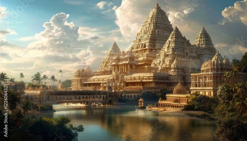 A vibrant illustration showcasing the splendor of an ancient South Indian empire. photo