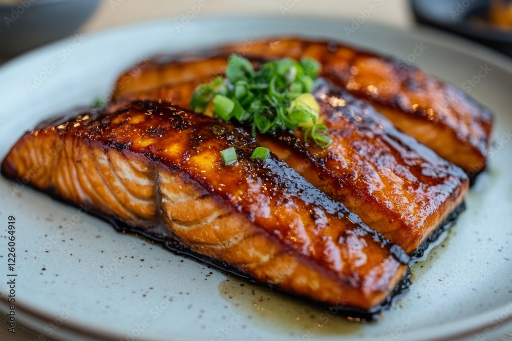 Grilled salmon with garnish meticulously presented on plate Grilled salmon with garnish meticulously presented on plate