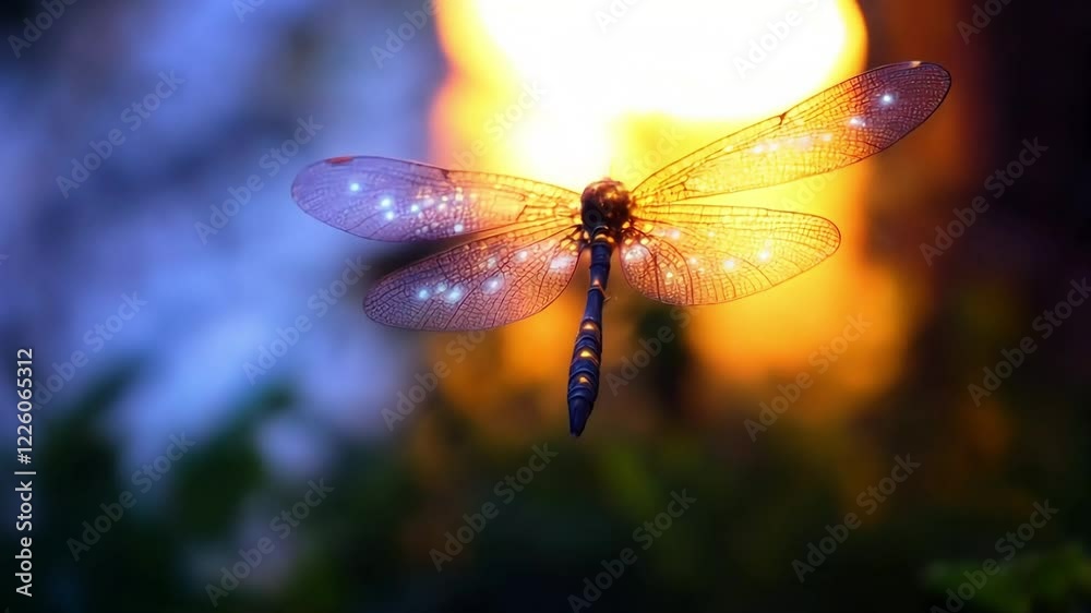Glowing dragonfly flight, garden sunset, nature magic, design element