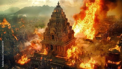 Scene depicting Lanka Dahan from the epic Ramayana. 