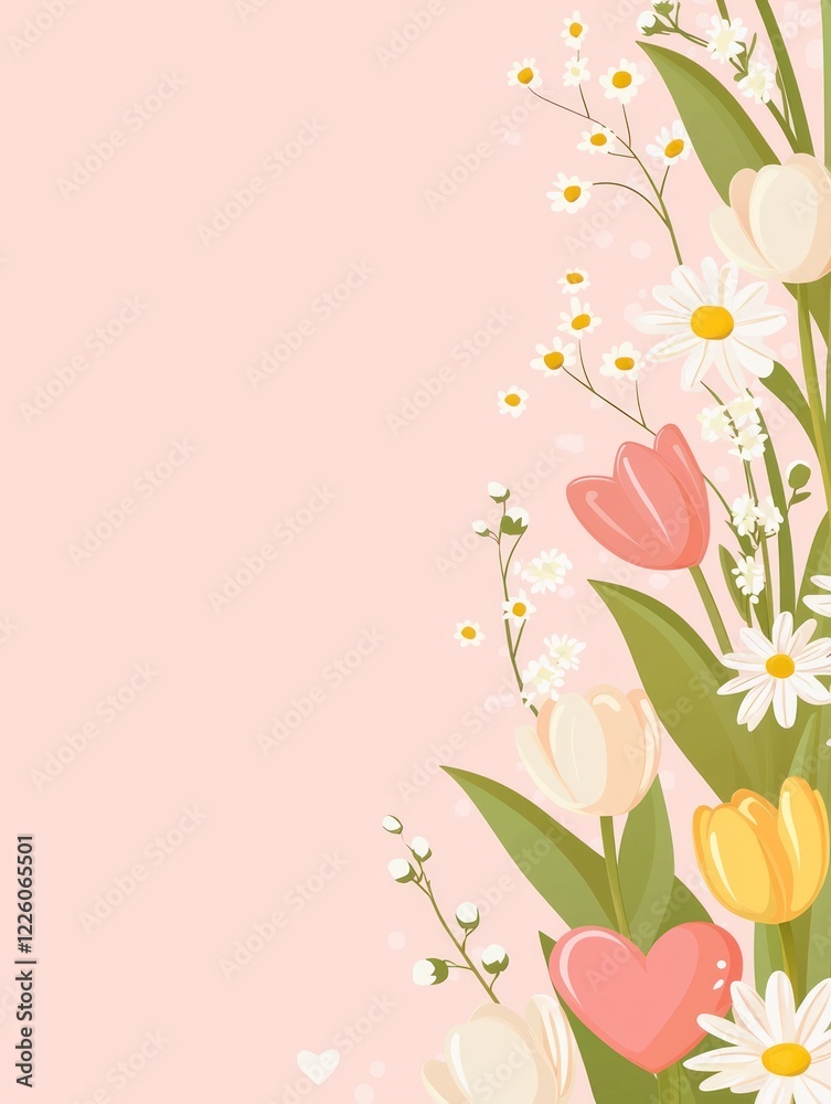 Naklejka premium Pink floral spring bouquet design, hearts background, greeting card