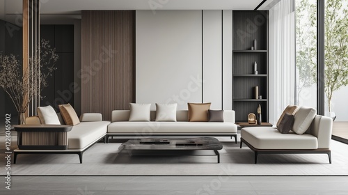 Minimalist living room with sleek furniture and an empty wall, ideal for product mockups. AI generated