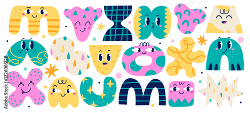 Abstract childish sparse geometric shapes cute funny characters set in colorful creative art style