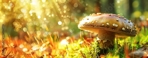 Sunset light illuminates a wild mushroom growing in the forest photo