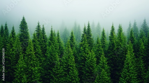 Serene Evergreen Forest Shrouded in Mystical Fog and Mist