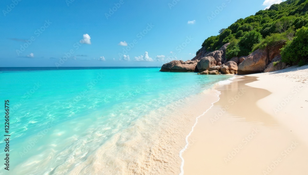 Crystal clear turquoise water meets sandy beach, tranquil scene , sun, landscape Crystal clear turquoise water meets sandy beach, tranquil scene , sun, landscape